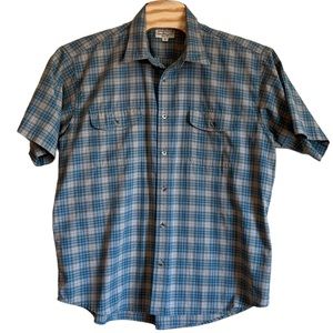 Cabela’s mens shirt plaid button front size XL short sleeve pockets blue tan‎